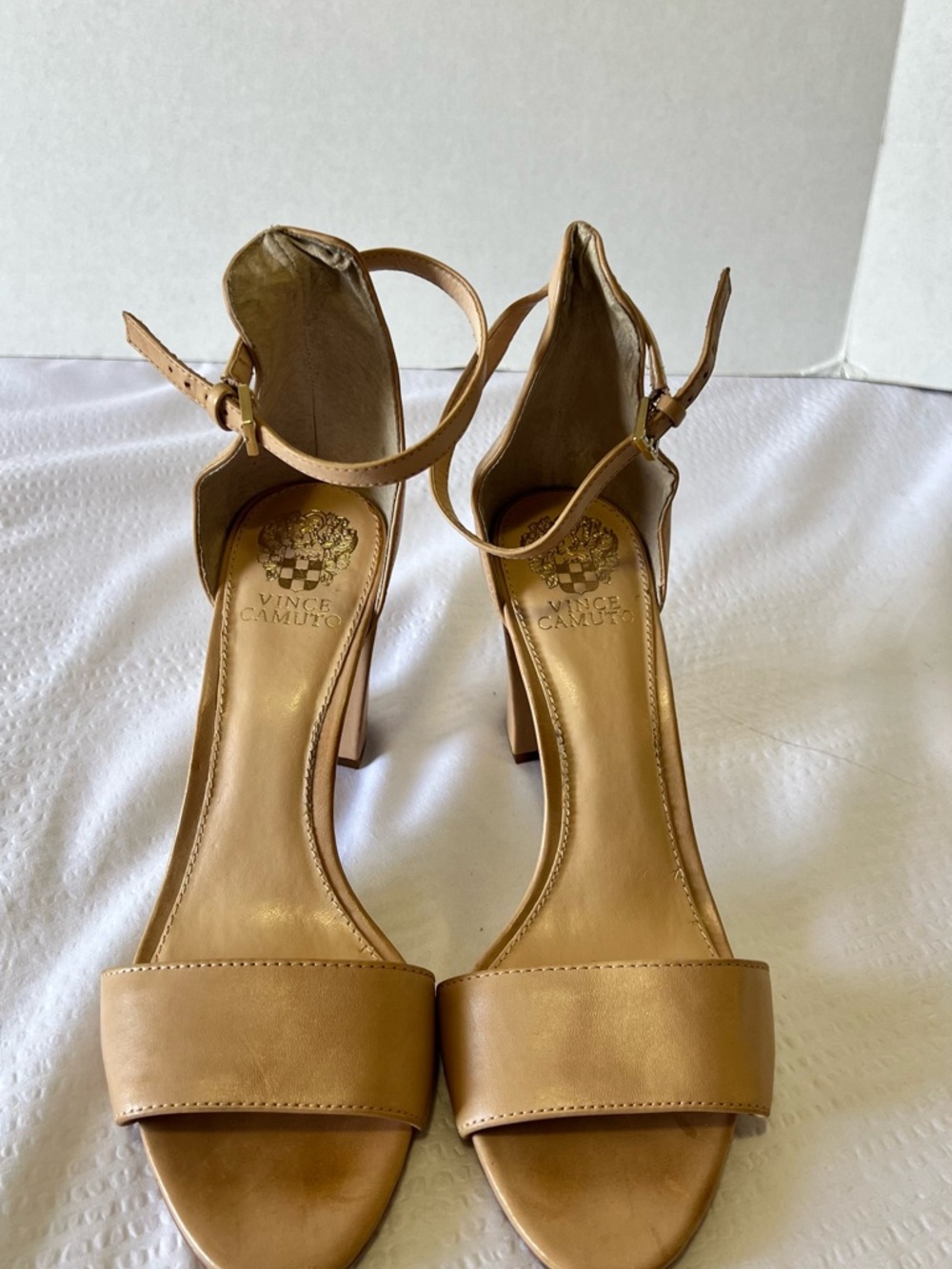 Vince Camuto Corlina Leather Ankle-Strap Block Heel Sandals in Tan